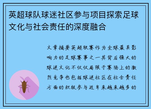 英超球队球迷社区参与项目探索足球文化与社会责任的深度融合 英超球队球迷社区参与项目探索足球文化与社会责任的深度融合