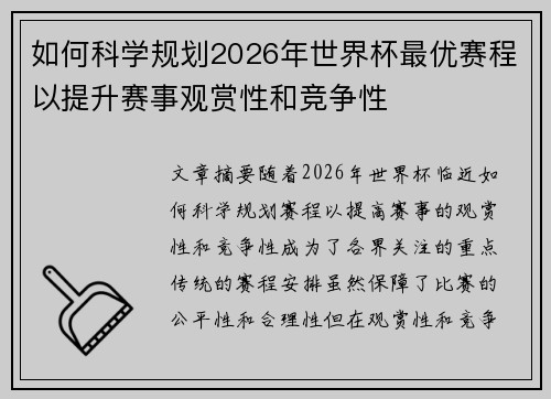 如何科学规划2026年世界杯最优赛程以提升赛事观赏性和竞争性 如何科学规划2026年世界杯最优赛程以提升赛事观赏性和竞争性
