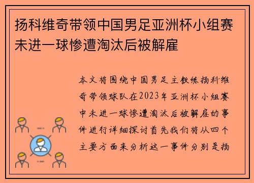 扬科维奇带领中国男足亚洲杯小组赛未进一球惨遭淘汰后被解雇 扬科维奇带领中国男足亚洲杯小组赛未进一球惨遭淘汰后被解雇