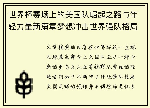 世界杯赛场上的美国队崛起之路与年轻力量新篇章梦想冲击世界强队格局 世界杯赛场上的美国队崛起之路与年轻力量新篇章梦想冲击世界强队格局