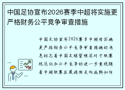 中国足协宣布2026赛季中超将实施更严格财务公平竞争审查措施 中国足协宣布2026赛季中超将实施更严格财务公平竞争审查措施